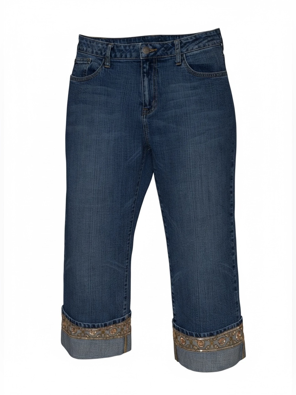 APT 9 Denim Embellished Sequins Osaka Capris Rolled Cuff Distressed Blue Size 14